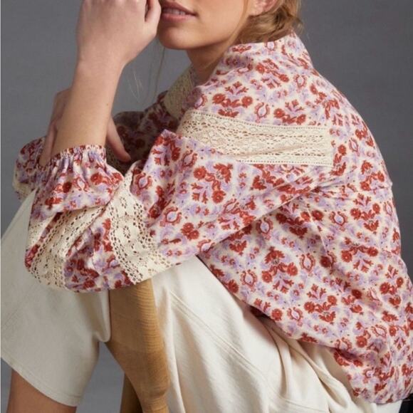 Anthropologie print Lace Blouse boho long sleeve shirt blouse - Picture 4 of 8